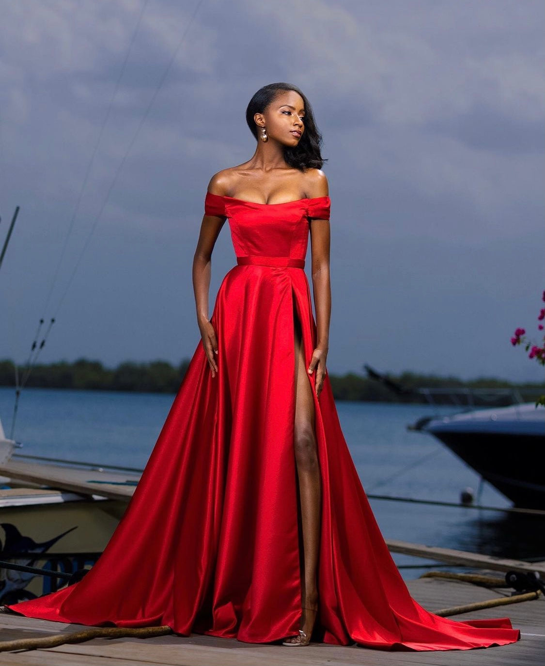 Keneea Linton Phases Of Summer Scarlet Off-Shoulder Ball Gown