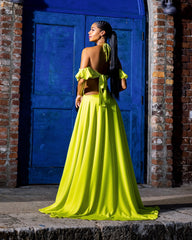 Phases of Summer Chartreuse Ruffled Halter Maxi Dress
