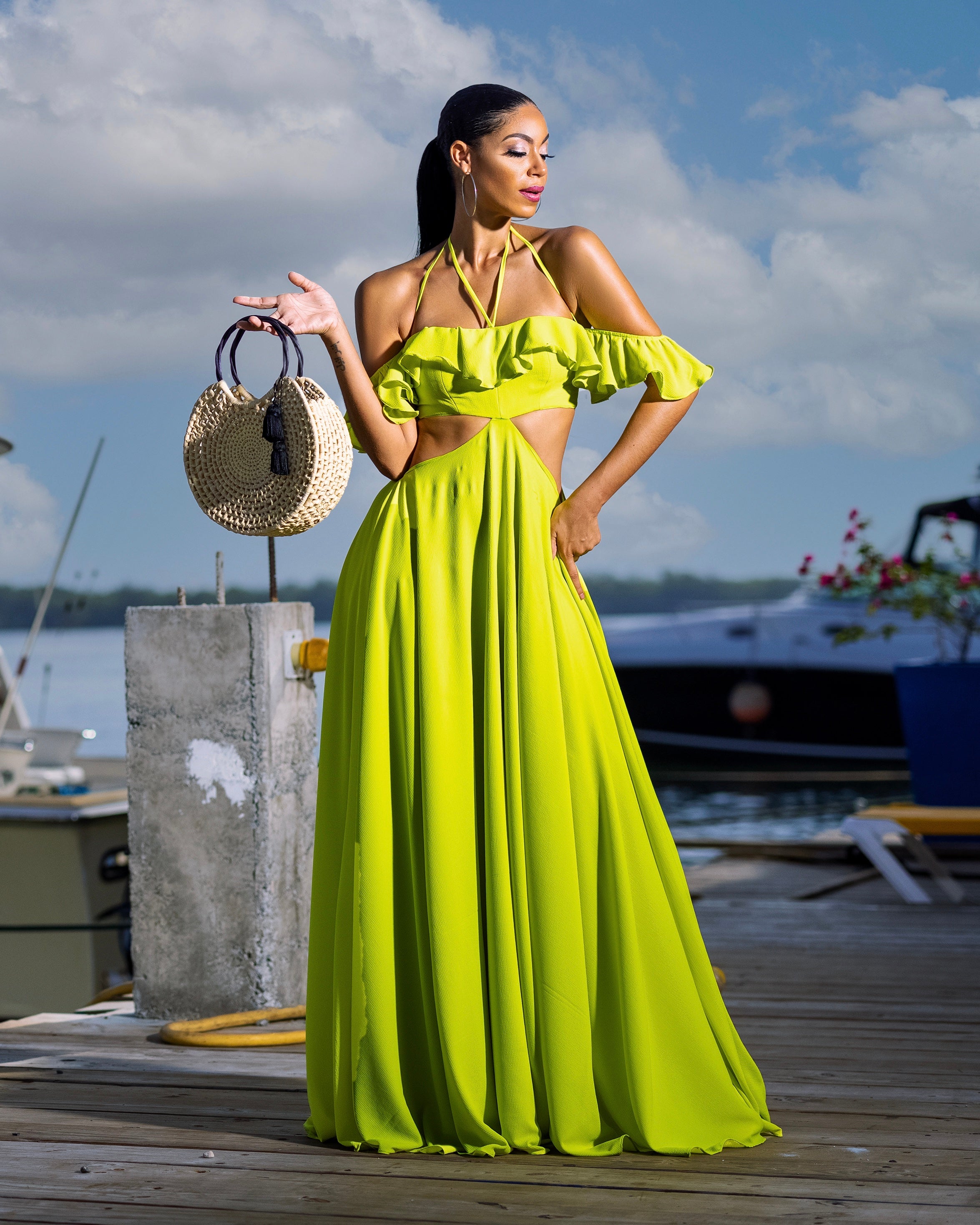 Phases of Summer Chartreuse Ruffled Halter Maxi Dress
