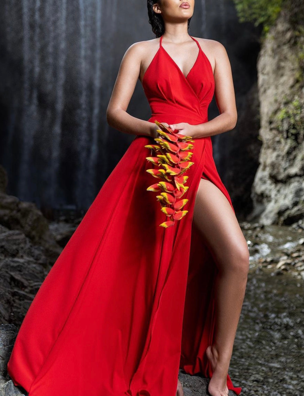 Keneea Linton Red Maxi Halter Wrap Dress