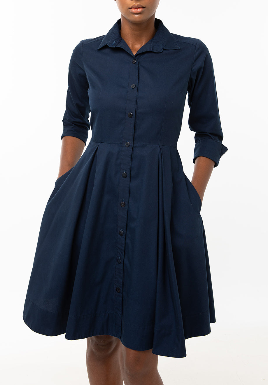 Classic Pleated Keneea Linton Shirtdress — Navy Blue