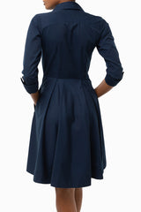 Classic Pleated Keneea Linton Shirtdress — Navy Blue