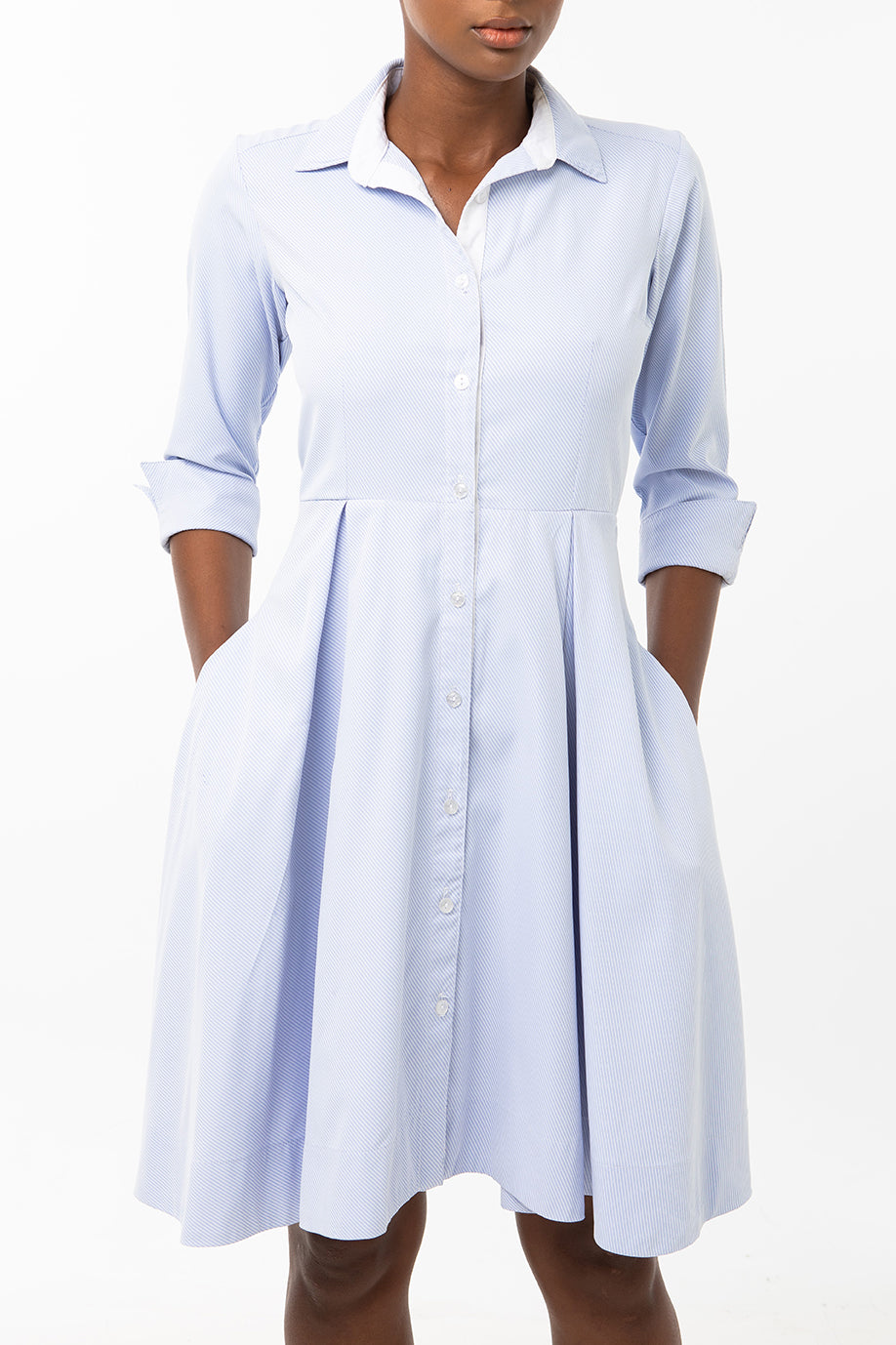 Classic Pleated Keneea Linton Shirtdress — Sky blue (pin stripes)