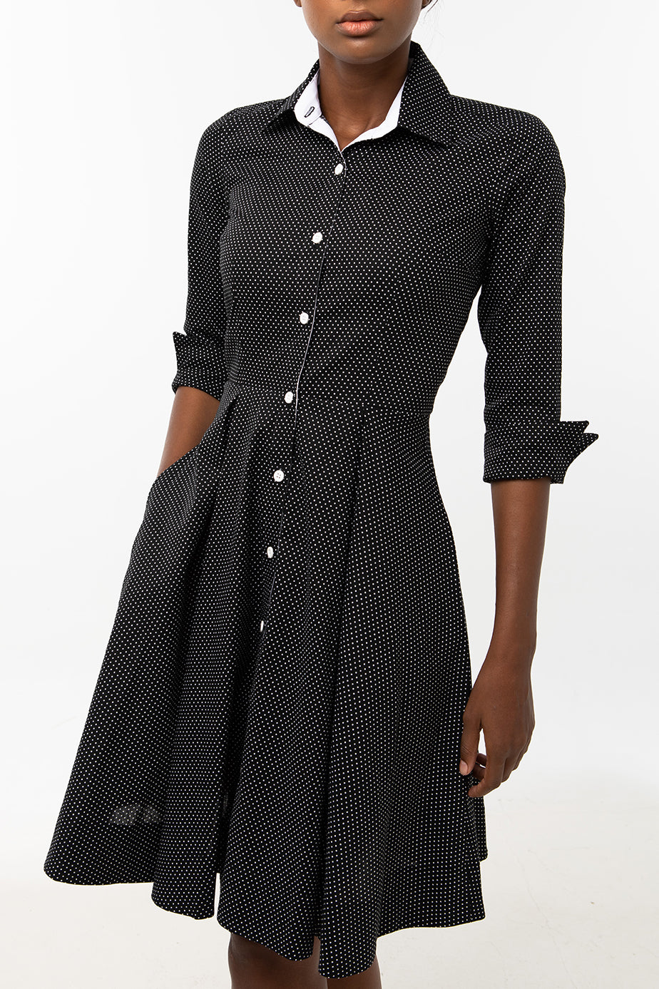 Classic Pleated Keneea Linton Shirtdress — Black and white polka dots