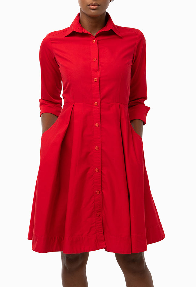 Classic Pleated Keneea Linton Shirtdress — Red