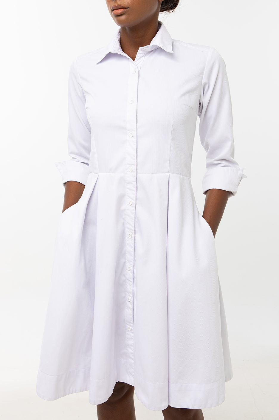 Classic Pleated Keneea Linton Shirtdress — White
