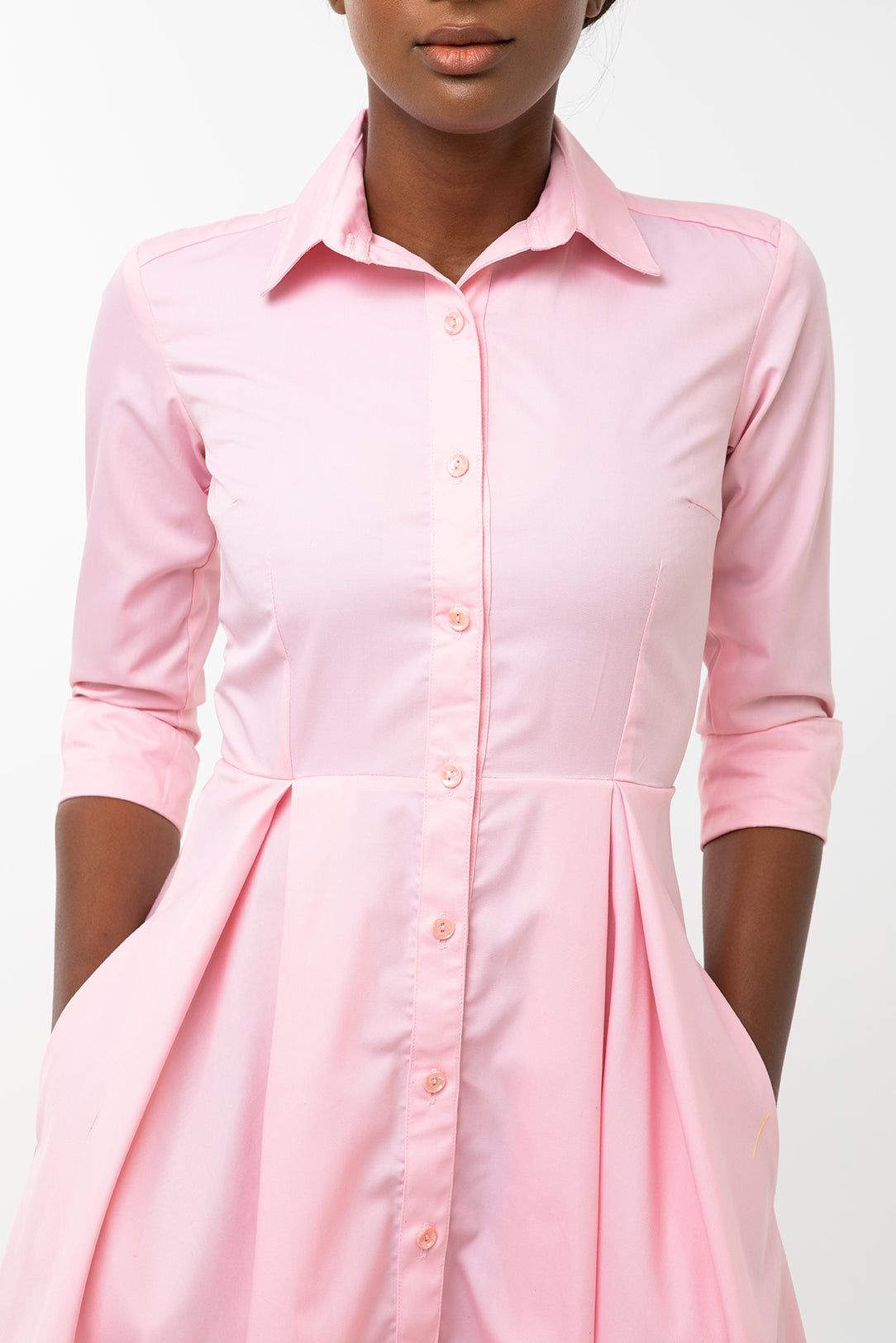 Classic Pleated Keneea Linton Shirtdress — Pink