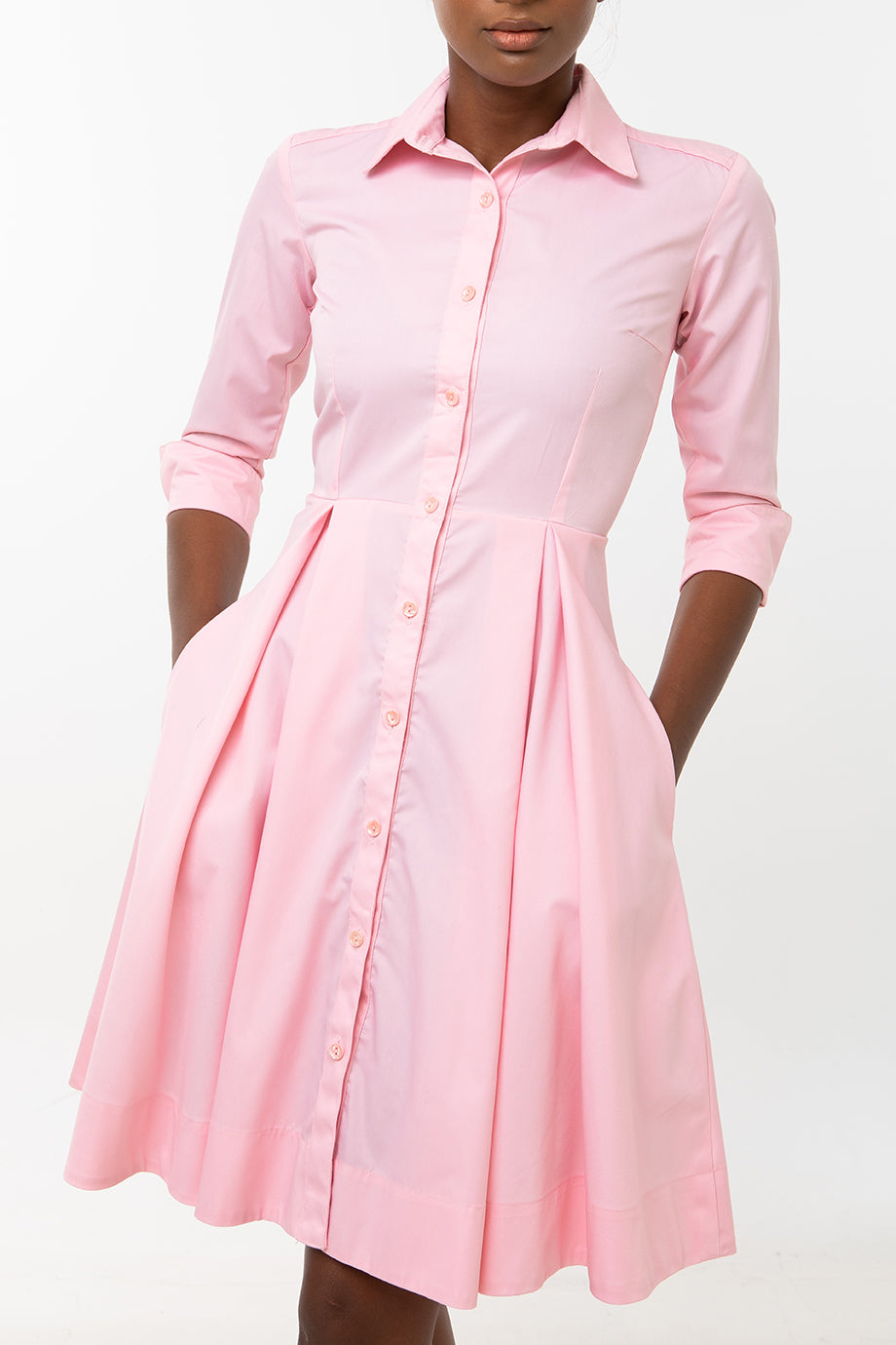 Classic Pleated Keneea Linton Shirtdress — Pink