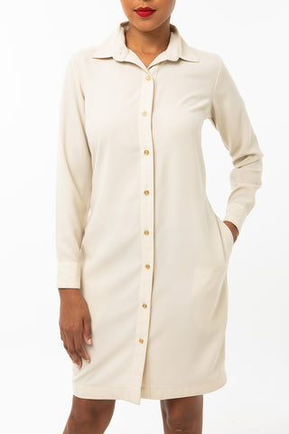 Classic Pleated Keneea Linton Shirtdress — White