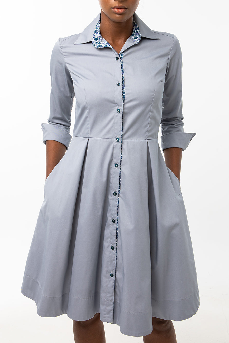 Classic Pleated Keneea Linton Shirtdress — Gray (Blue floral placket)
