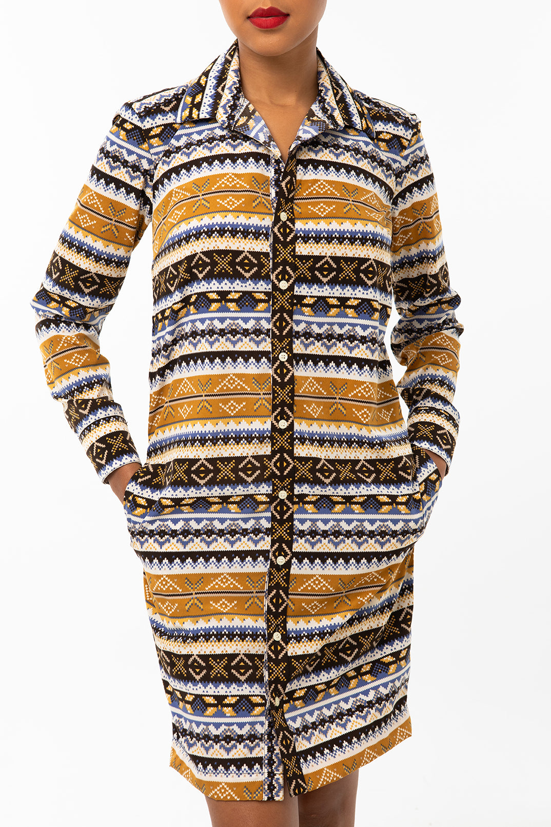 Classic Straight Keneea Linton Shirtdress — Brown and blue (print)
