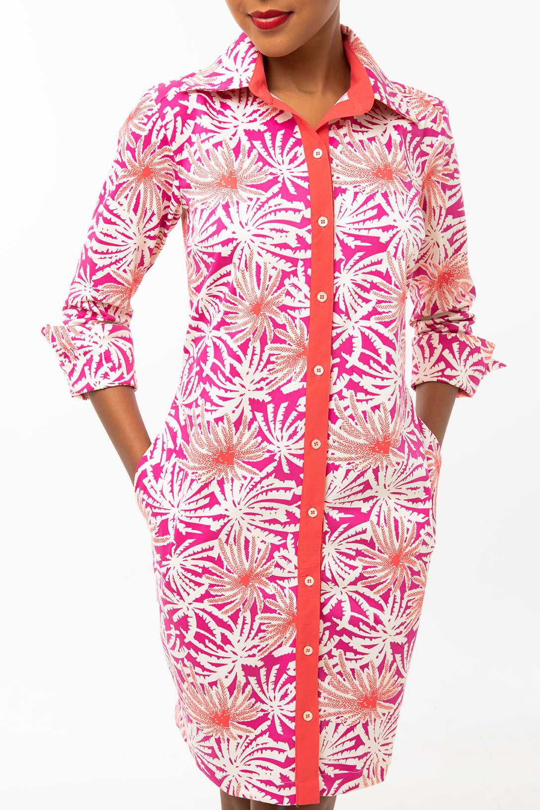 Classic Straight Keneea Linton Shirtdress — Coral and pink (palm tree print)