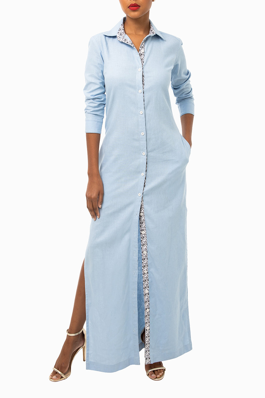 Classic Straight Maxi Keneea Linton Shirtdress — Sky Blue (blue floral plackets)
