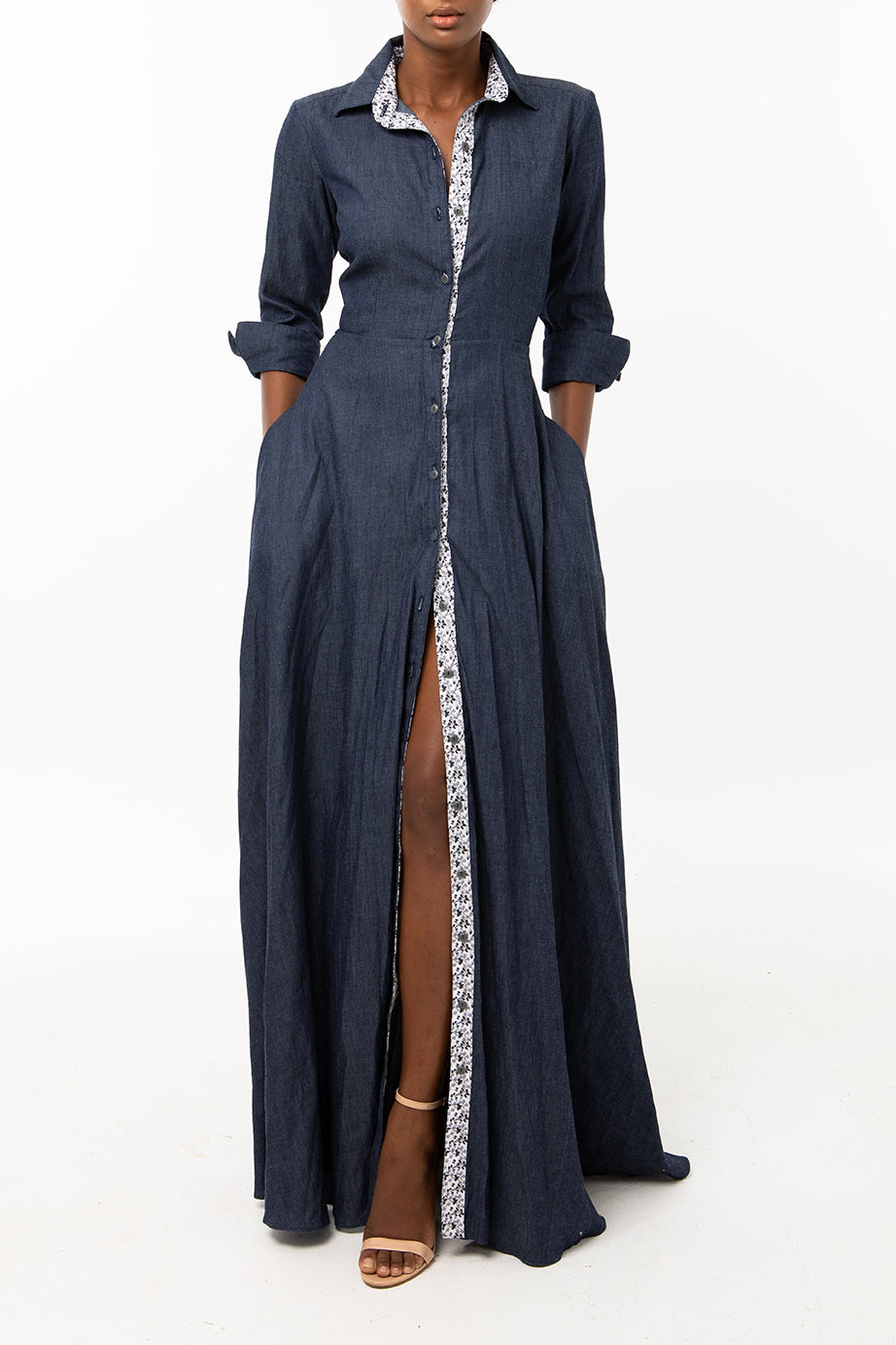 Classic Flared Maxi Keneea Linton Shirtdress — Navy Blue (floral plackets)