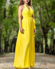 Keneea Linton Yellow Maxi Halter Wrap Dress