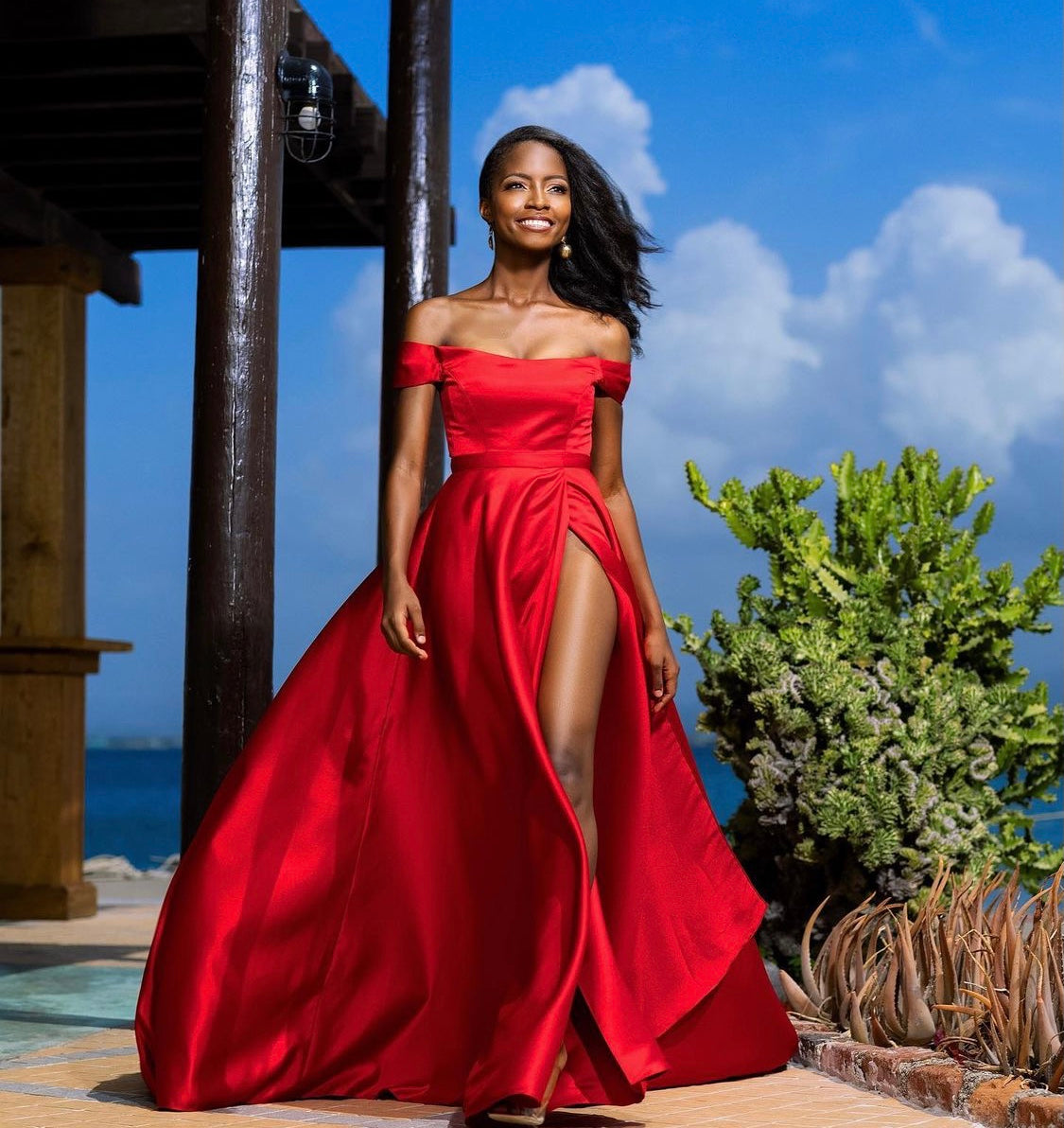 Keneea Linton Phases Of Summer Scarlet Off-Shoulder Ball Gown