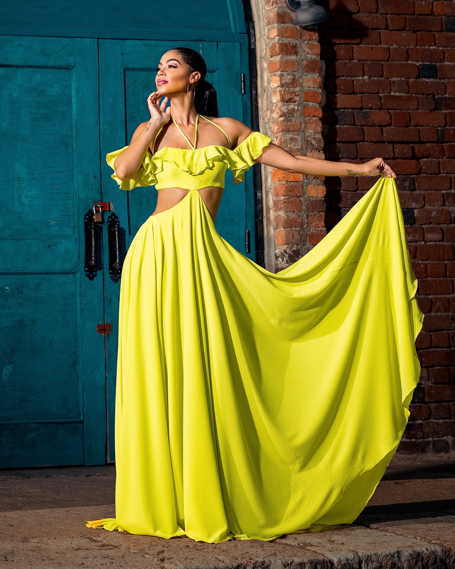 Phases of Summer Chartreuse Ruffled Halter Maxi Dress shopkeneealinton Phases of Summer Chartreuse Ruffled Halter Maxi Dress shopkeneealinton