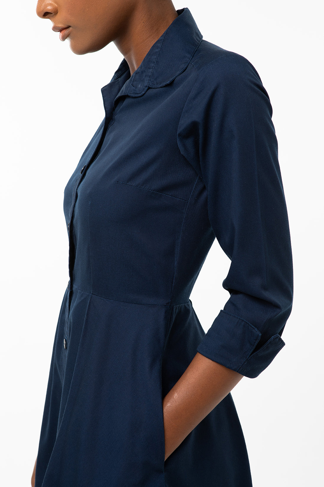Classic Pleated Keneea Linton Shirtdress — Navy Blue