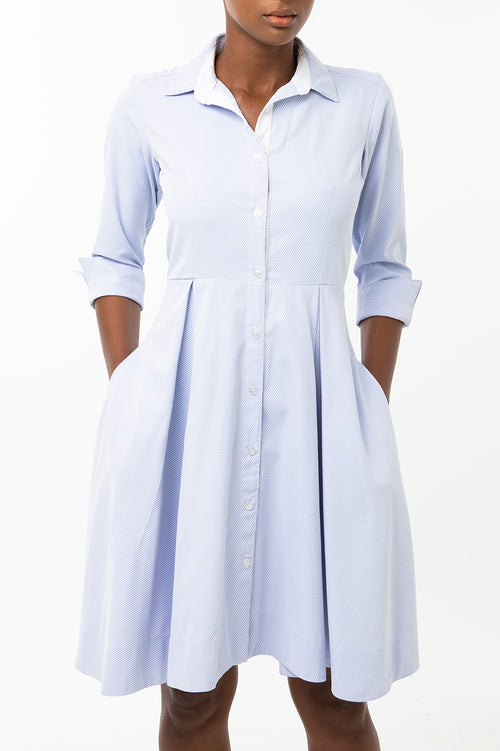 Classic Pleated Keneea Linton Shirtdress — Sky blue (pin stripes)
