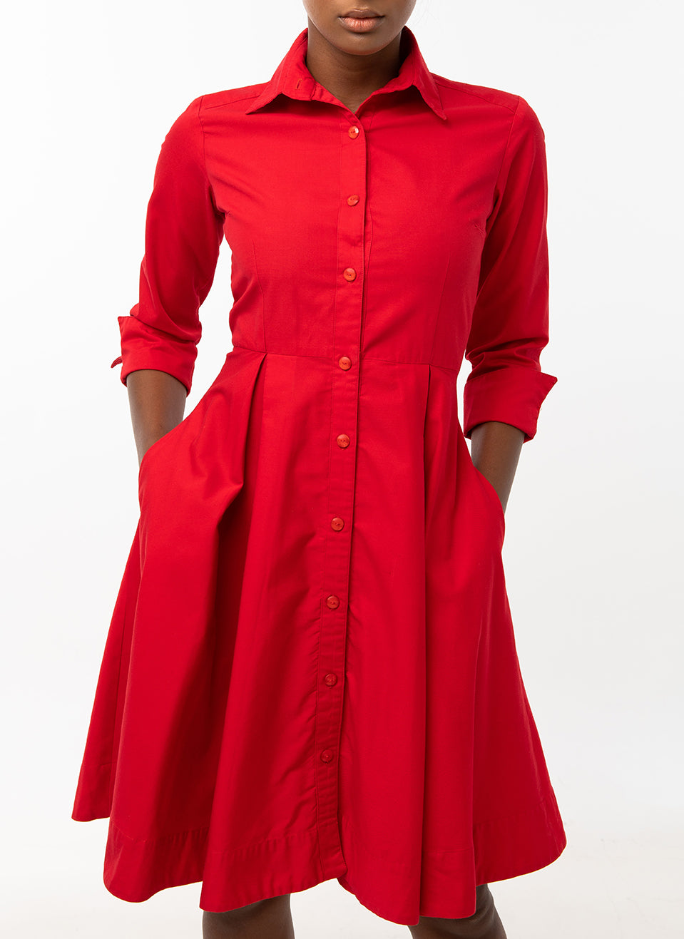 Classic Pleated Keneea Linton Shirtdress — Red