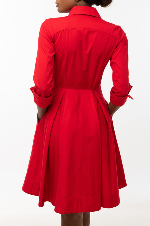 Classic Pleated Keneea Linton Shirtdress — Red