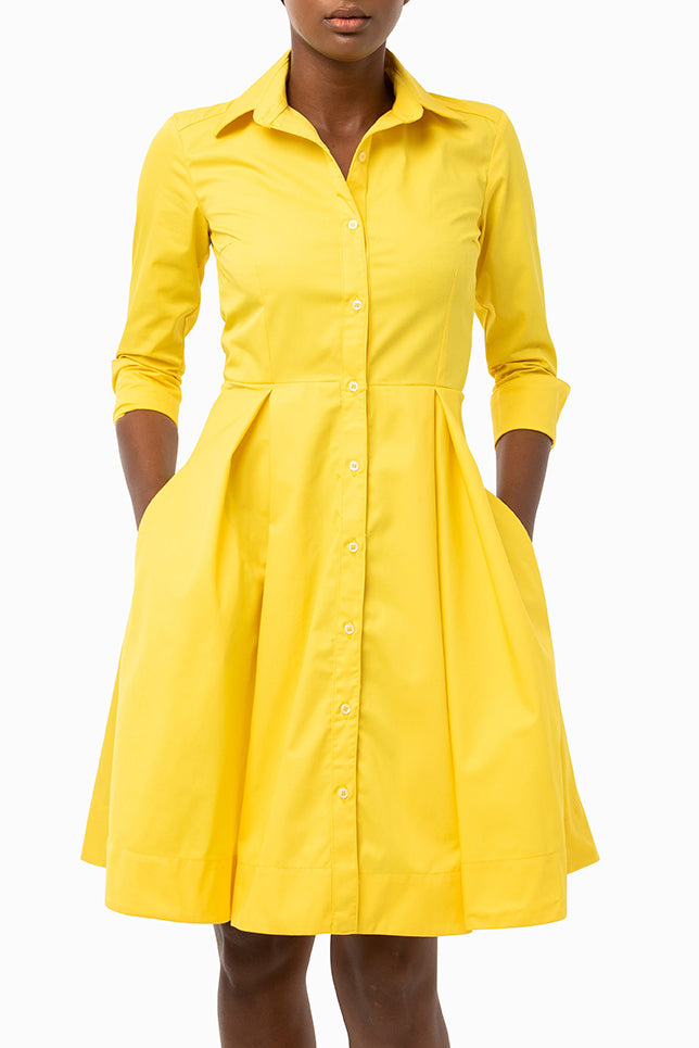 Classic Pleated Keneea Linton Shirtdress — Yellow