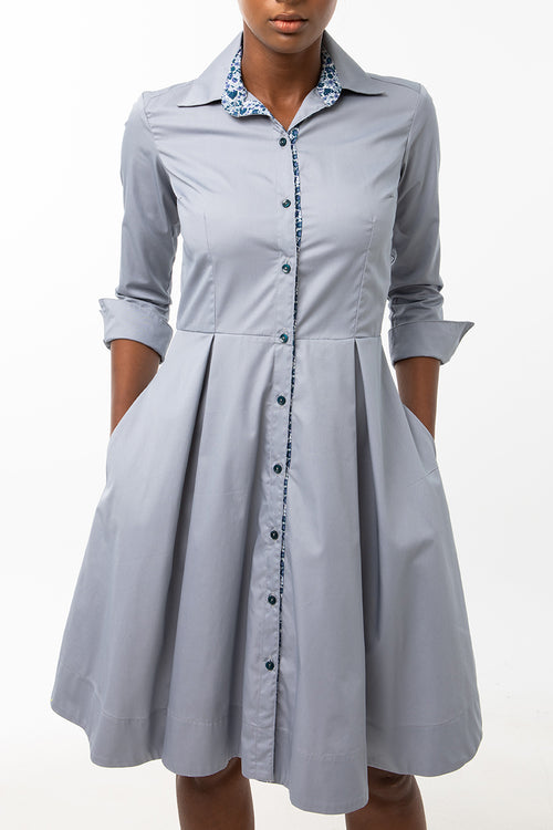 Classic Pleated Keneea Linton Shirtdress —  Gray (Blue floral placket)