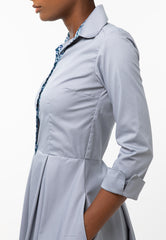Classic Pleated Keneea Linton Shirtdress —  Gray (Blue floral placket)