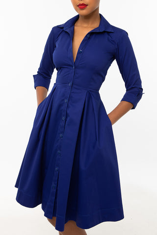 Classic Flared Maxi Keneea Linton Shirtdress — Navy Blue (floral plackets)