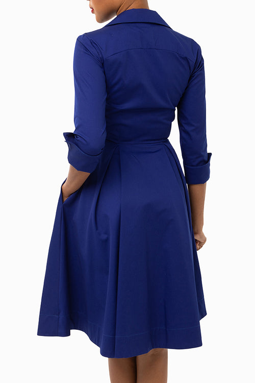Classic Pleated Keneea Linton Shirtdress — Royal Blue