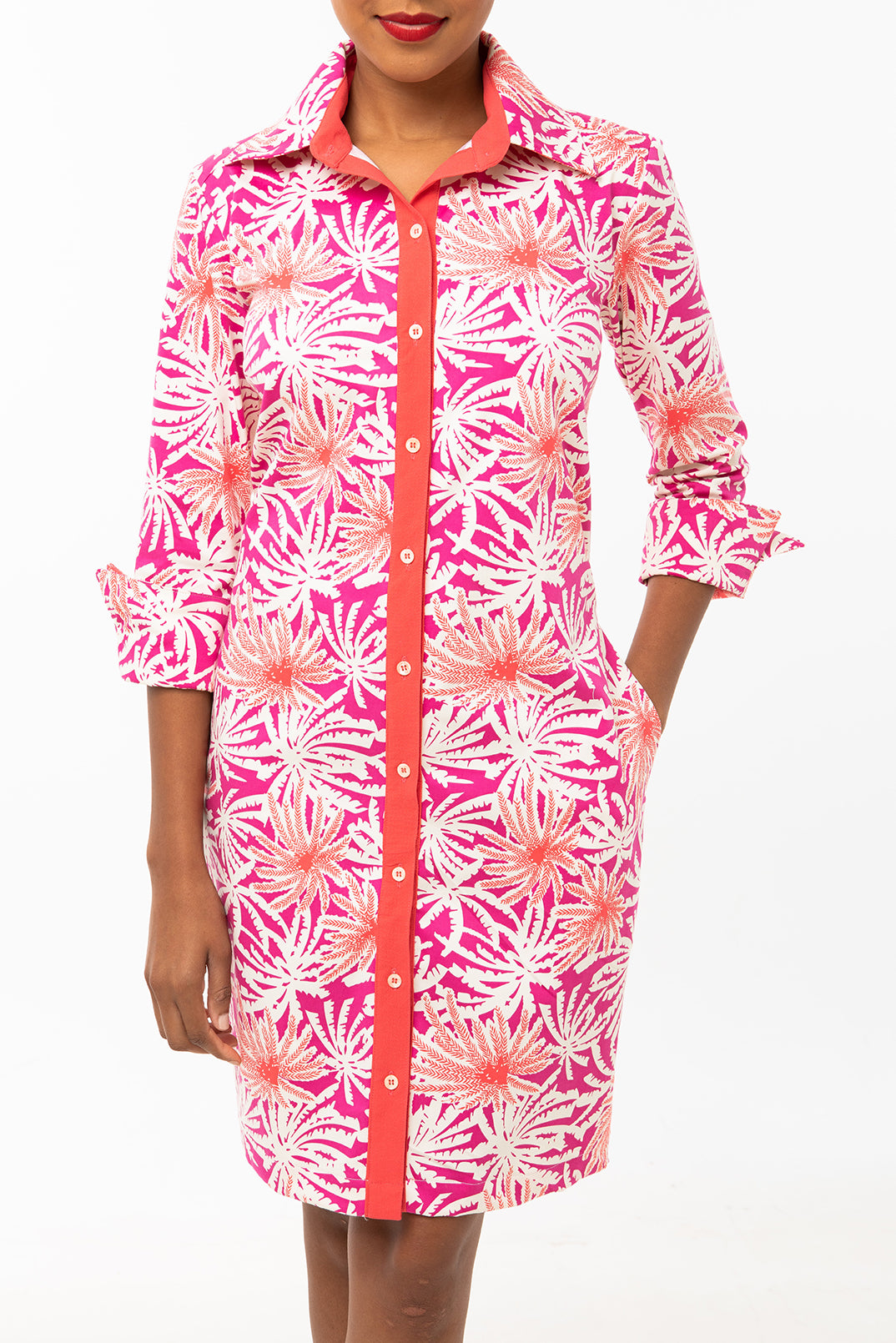 Classic Straight Keneea Linton Shirtdress — Coral and pink (palm tree print)