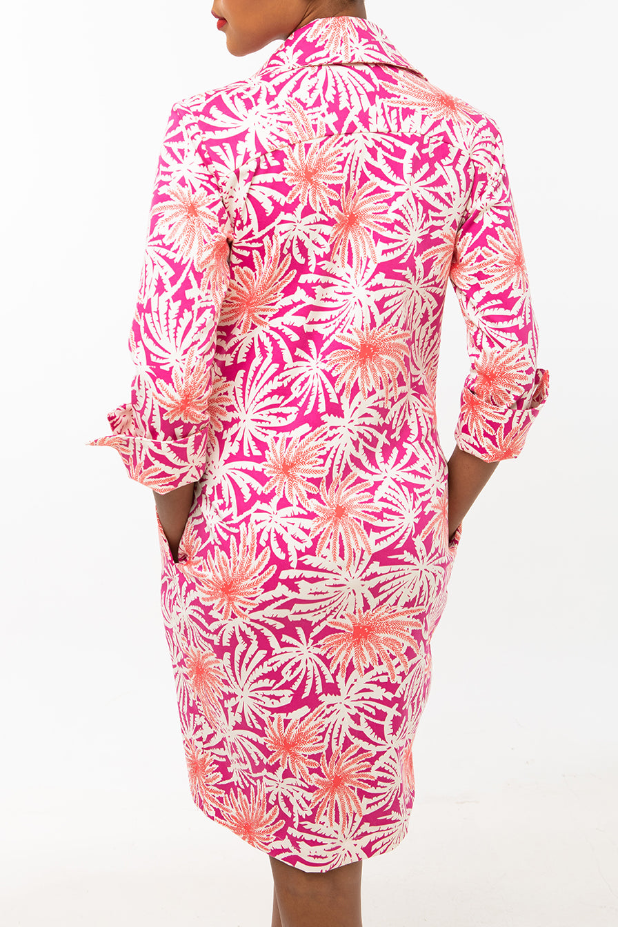 Classic Straight Keneea Linton Shirtdress — Coral and pink (palm tree print)